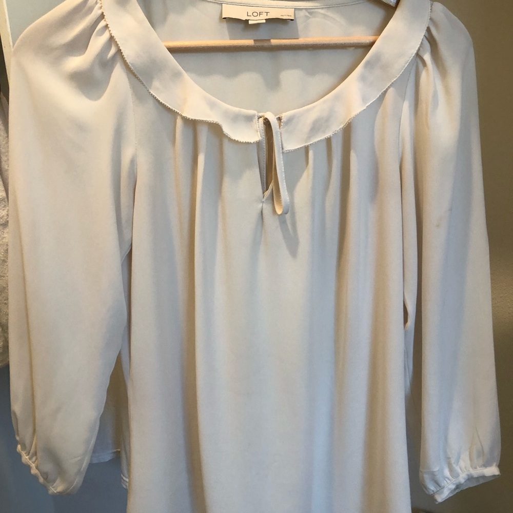LOFT Cream Ruffled Tie-Neck Long Sleeve Blouse